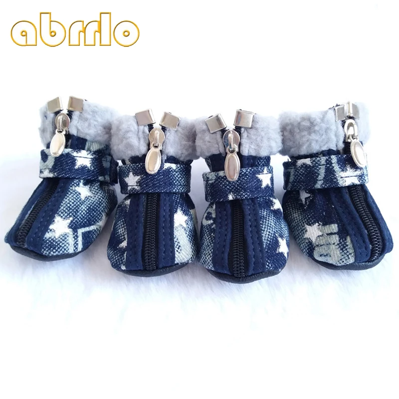 

Abrrlo 4pcs/lot Pet Dog Shoes for Dogs Boots Denim Warm Snow Winter Star Pattern Anti Slip Zipper Teddy Shoes Puppy Boots XS-XL