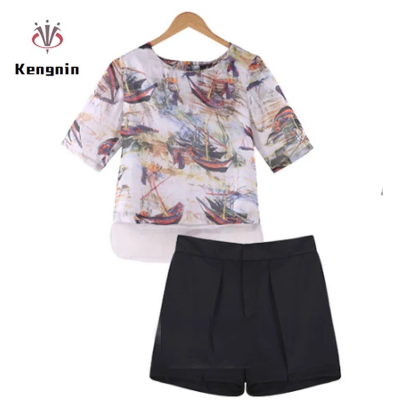 

2019 Summer Plus Size 5XL Women Sets Chiffon T-shirts + Elastic Waist Shorts European Style Ladies Suits Street Brand Clothing