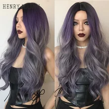

HENRY MARGU Ombre Purple Ash Long Synthetic Wigs for Women Girl Body Wave Colorful Heat Resistant Fake Hair Cosplay Lolita Wig