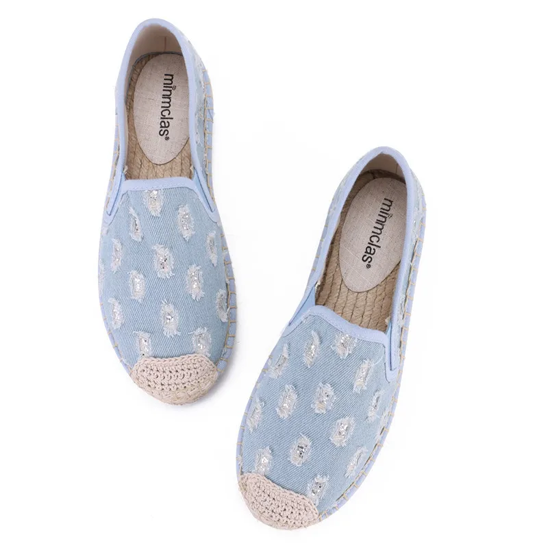 Эспадрильи с бамбуковым узором для женщин джинсовые ажурные туфли на плоской