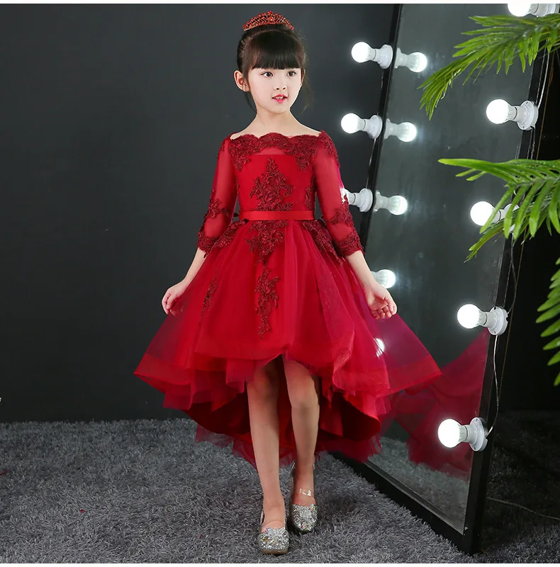 Off-the-Shoulder Girls Wedding Dress Half-sleeve Shirt Small Tailing Children Birthday Evening Gown Princess Dress Flower Boys/F