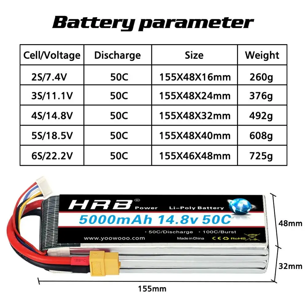 HRB FPV 450 500 7 4 V 11 1 14 8 18 5 22 2 5000mAh 50C 100C 2S 3S 4S 5S 6S LiPo батарея для Traxxas автомобильный