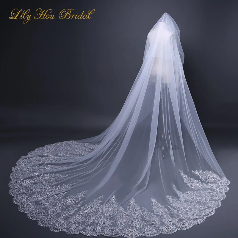 

3m Luxury Long Formal Wedding Bridal Veils Crystals Sequined Lace Appliques Cover the Face for Brides