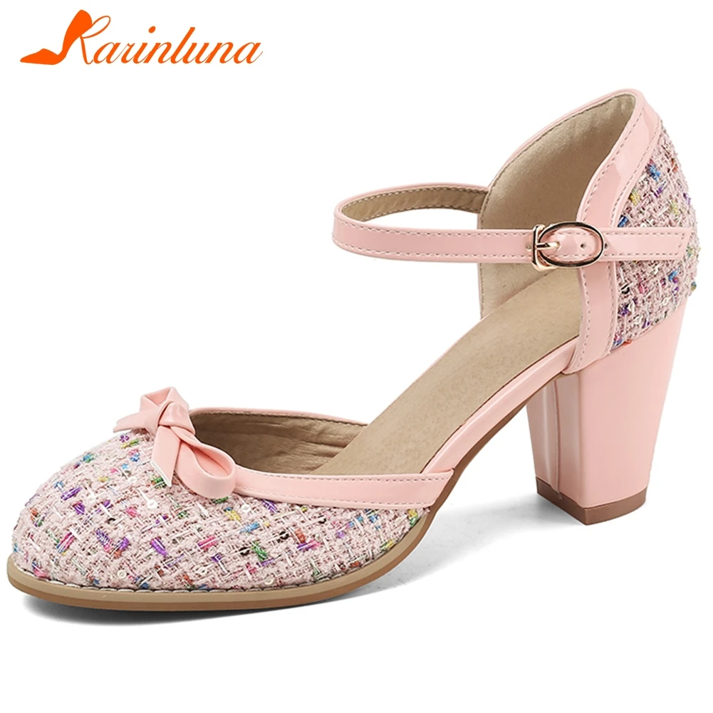 

KARINLUNA New Elegant Lady Mixed Color Spring High Heels Pumps Butterfly Knot Round Toe Buckle Strap Pumps Women Shoes Woman
