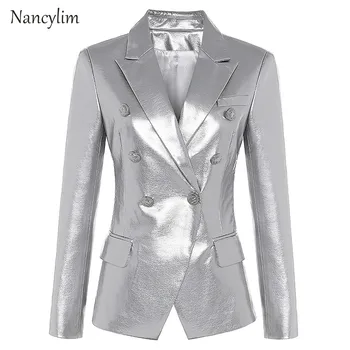 

Silver Leather Jacket Women Double Breasted High Quality Shiny Silver Pu Leather Slim-Fit Suit Jacket Blazer Femme 2020