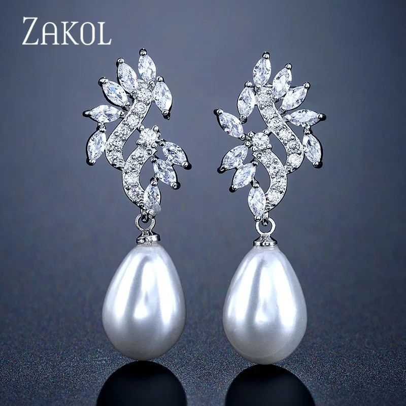 

ZAKOL Fashion Cubic Zirconia Flowers Romantic Drop Earrings for Women Trendy Pearl Bridal Wedding Dinner Jewelry FSEP2341