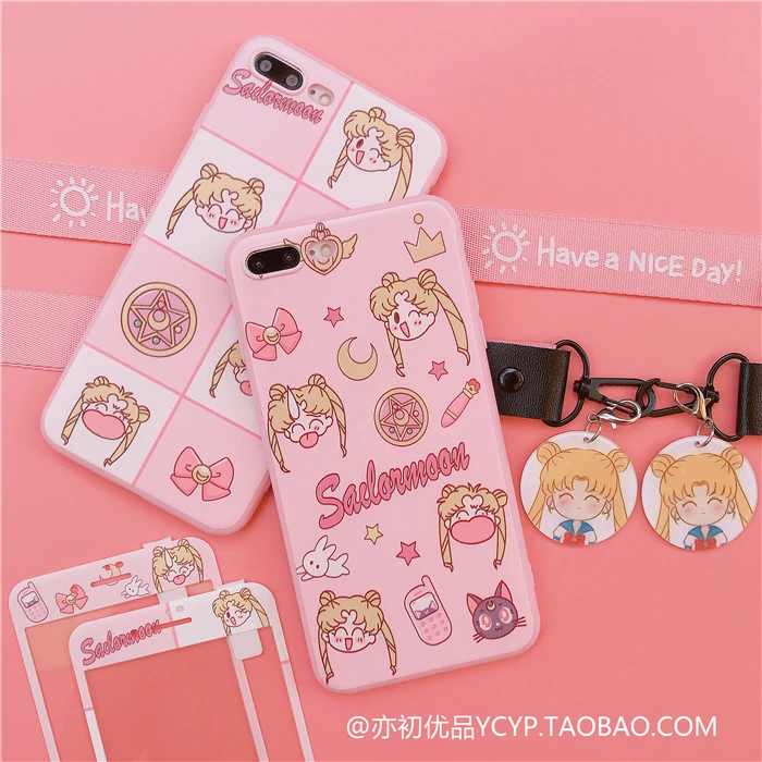 

For iphone XR XS Max Cute Sailor Moon Case +Tempered Glass Screen film for iphone X XS 7 8plus 6S plus Cartoon Cover +Straps