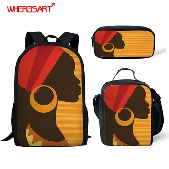 

WHEREISART 3Pcs/set Women School Backpacks Primary Schoolbag Black Girls African Prints for Teenager Girl Rucksack Moclila 2019