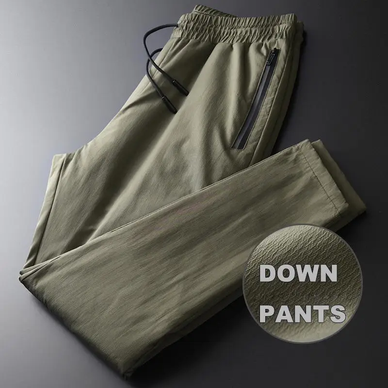 GREENHK19249 Мужские Пуховые брюки, Роскошные, эластичная талия, утиный пух, Толстые мужские брюки, зимние, одноцветные, облегающие, мужские брюки размера плюс 4XL - Цвет: GREENHK19249
