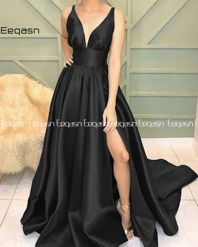 Eeqasn Elegant A Line V Neck Emerald Green Long Prom Dresses Slit Satin Women Formal Graduation Evening Dress 2020 Plus Size