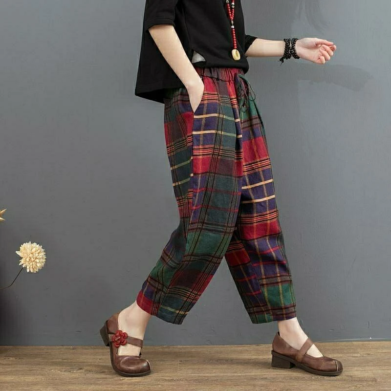 Новые весенние искусство Стиль Для женщин штаны-шаровары с эластичной резинкой на талии клетчатый, хлопчатобумажный Винтаж брюки; высокое качество; свободные брюки с длиной до щиколотки, брюки D415