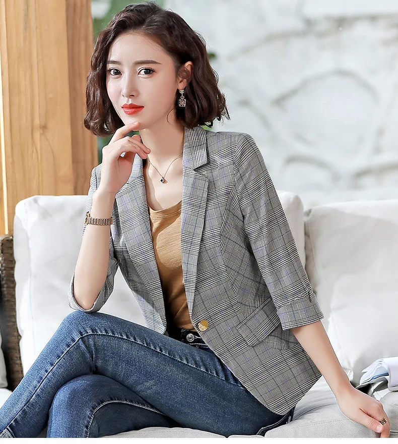 Тонкий клетчатый костюм, женский пиджак, весна и лето, стиль, модный британский стиль, элегантная рубашка с коротким рукавом, повседневный костюм