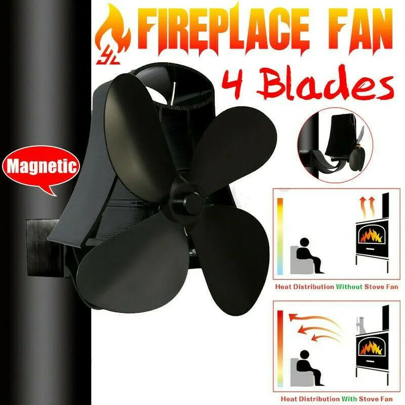 

4 Blades Magnetic Flue Pipe Stove Fireplace Fan Heat Powered Wall-mounted Silent