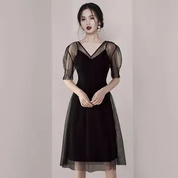 

Vintage Black Party Dress Women V Neck Half Sleeve Office Lady Dresses Female Elegant Patchwork A-line Mid Autumn Dress