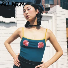 ALLNeon Vintage Bodysuits Floral Embroidery Straped Bakeless Bodycon Rompers Sexy Body E-girl Style Bodysuits 90s Streetwear