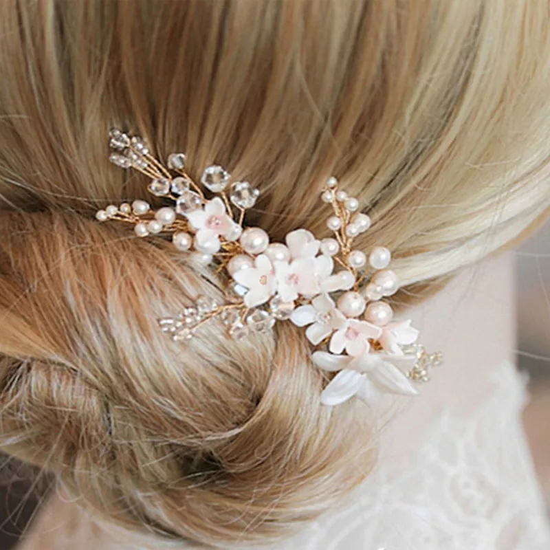 Floralbride Handmade Wired Alloy Ceram Flower Pearl Bridal Hair Comb Wedding Headdress Hair AccessoriesBridesmaids Women Jewelry