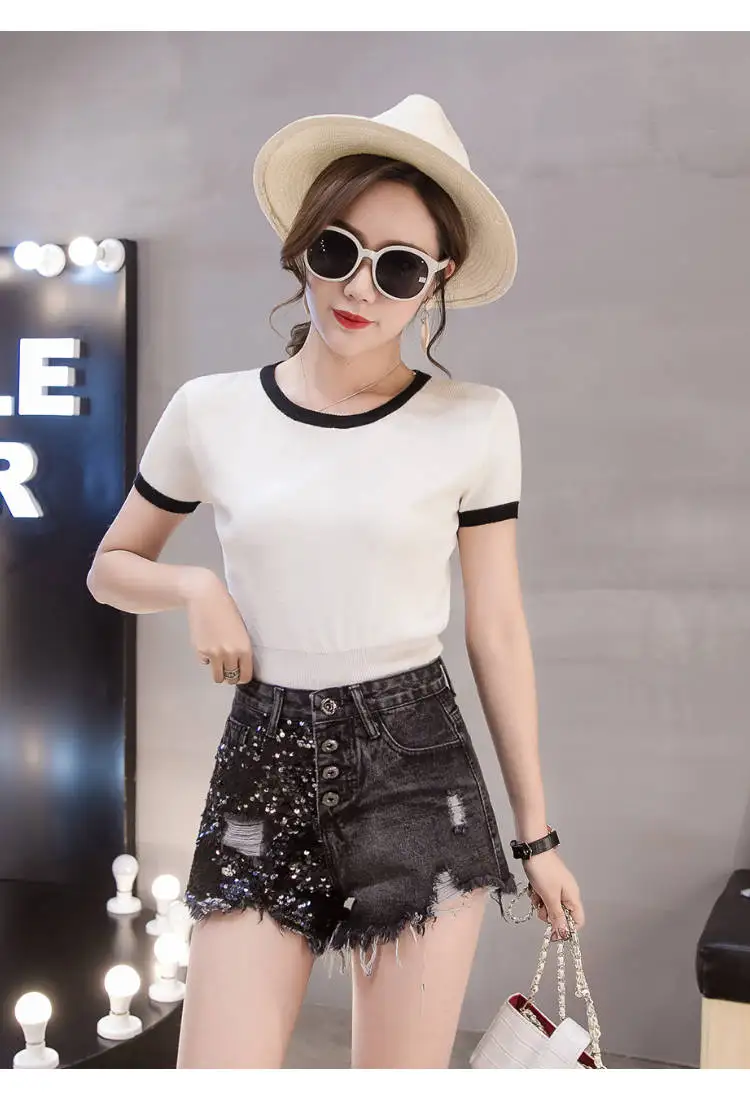 Женские короткие джинсы ковбойские шорты летние новые корейские тяжелая промышленность блестки тонкие черные с высокой талией джинсовые широкие шорты для женщин