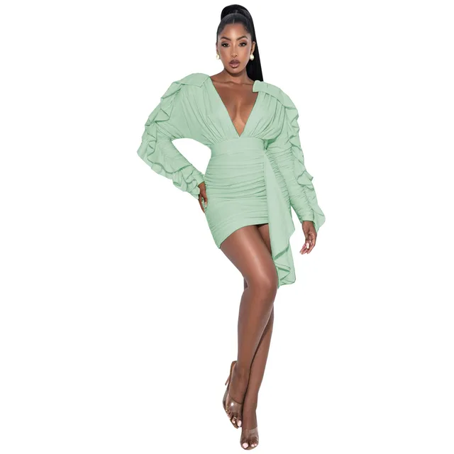 Women Turquoise Ruffle Pile Sleeves V-neck Tight Dress Street Fashion Casual  Dress Spring - Dresses - AliExpress