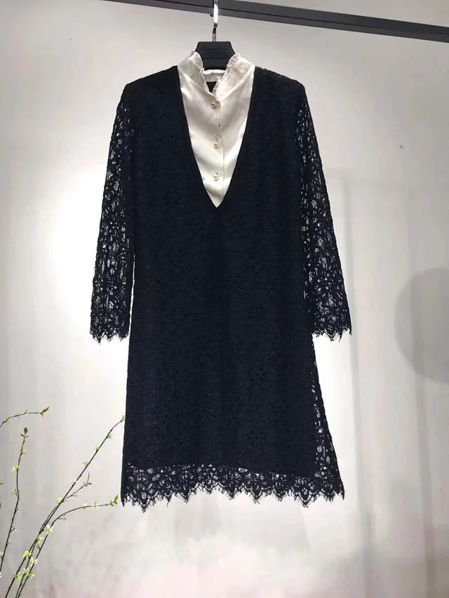 Top Version Ladies Two In One Hollow Out Lave Patchwork Long Sleeve Short Dress