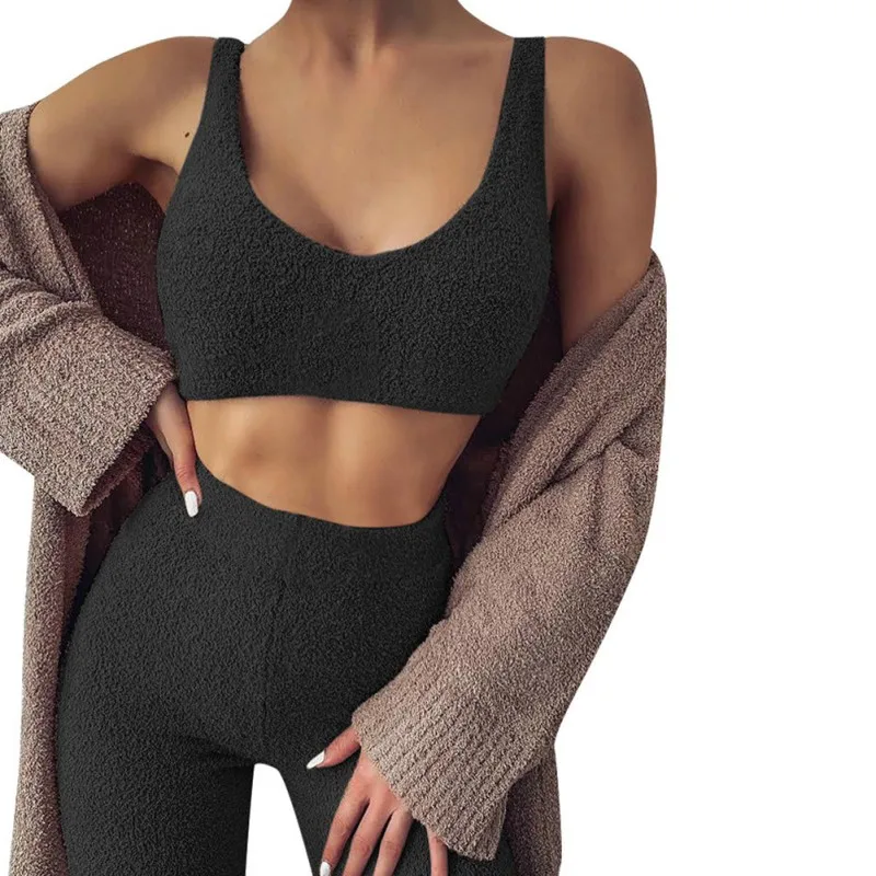 

Women's Autumn Winter Plush Home Clothes Two-piece V-neck Sling Exposed Navel Top Female Vest Bra Plush Slim Trousers