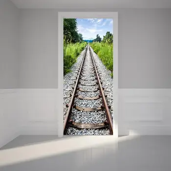 

3D Creative Door Stickers Print Art Picture For Kids Room Home Train Track Scenery Decor Decal Poster Waterproof Wallpaper Paste