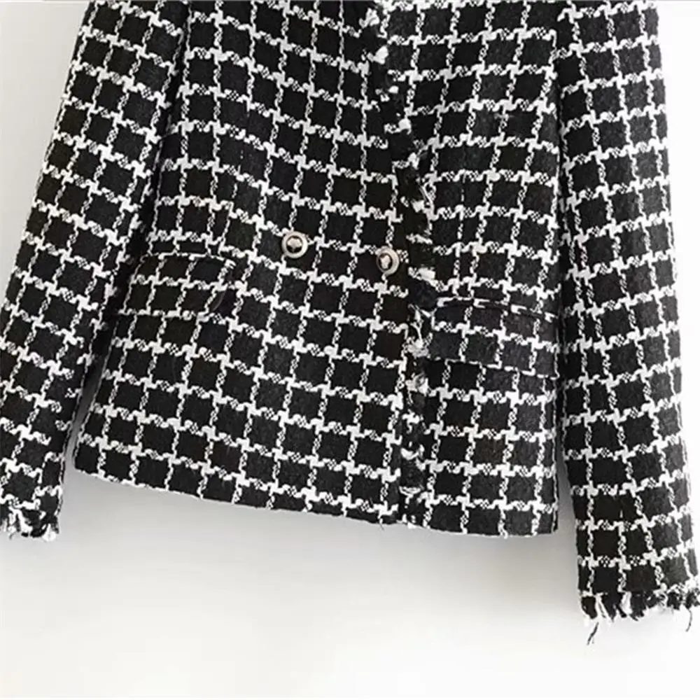 Za женский осень v-образный вырез длинный рукав двубортный burr плед костюм пальто текстура костюм пальто 08772137093