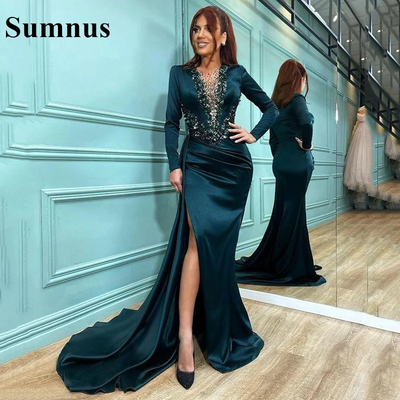 

Sumnus Green Satin Prom Dress Full Sleeve Shiny Sequined Slit Mermaid Evening Gowns Formal Saudi Dubai Bridal Party Dresses