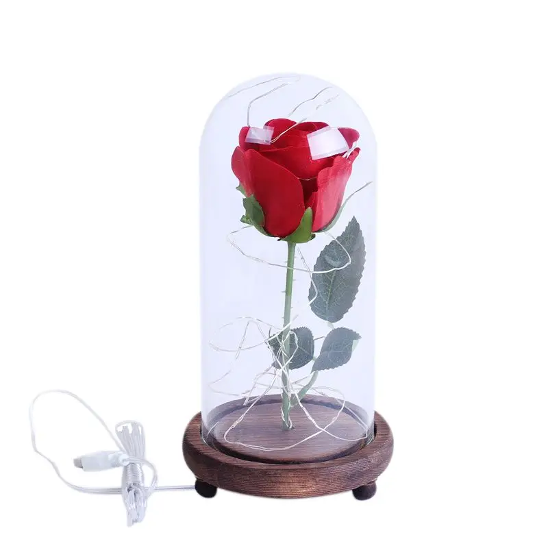 USB Powered Искусственные Шелковые Розы в стеклянном Куполе С светодиодный светильник на деревянной основе отличный подарок для женщин и девушек - Цвет: B