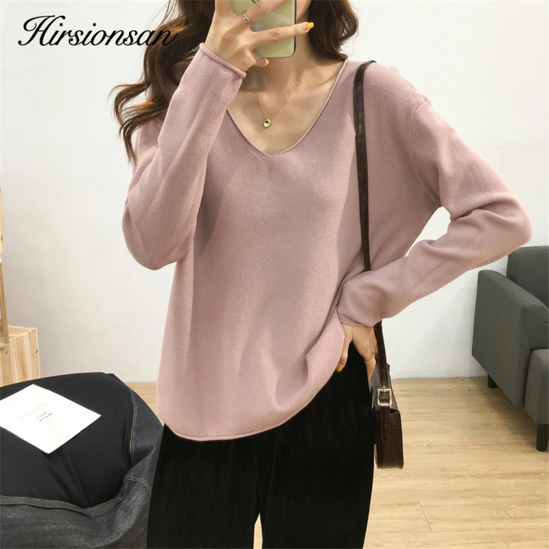 Hirsionsan V Neck Thin Sweater Women 2020 Spring New Vintage Sexy Soft 8 Color Knitted Tops Female Elastic Casual Knit Clothing | Женская