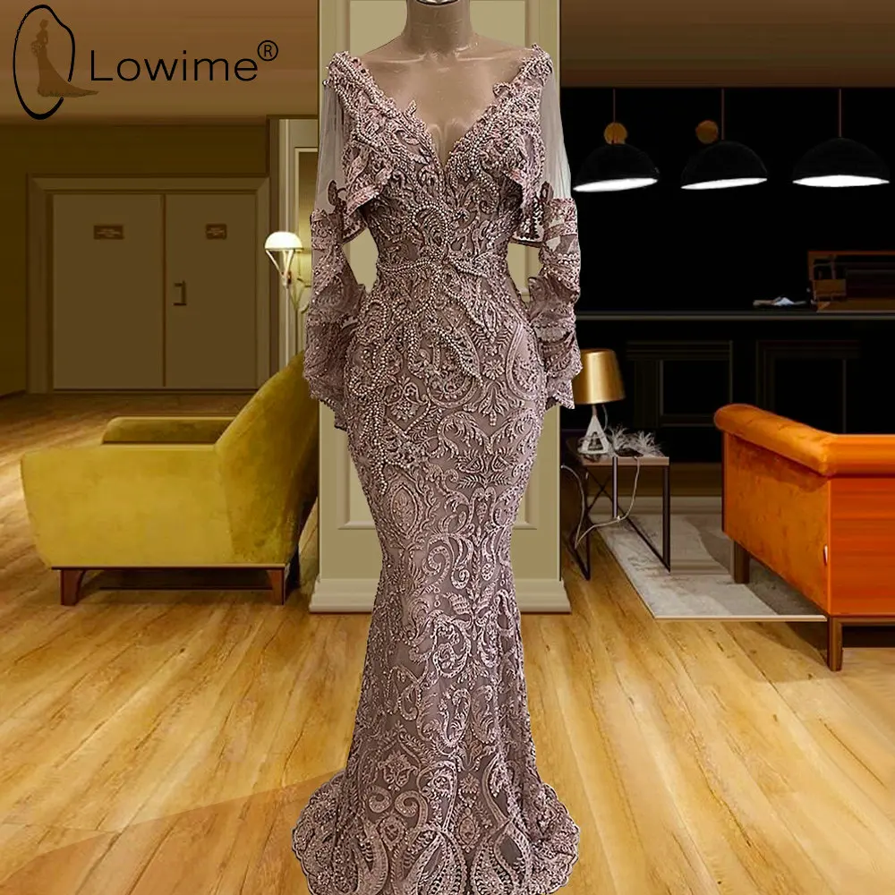 

Light Purple Luxury Beading Mermaid Evening Dresses Sexy Deep V Neck Lace Evening Gowns vestidos de noche