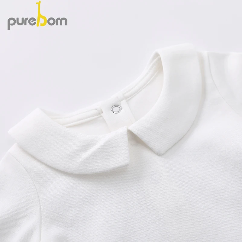 Pureborn Newborn Baby Bodysuit Peter Pan Collar Long Sleeve Jumpsuit Boys Girls Infant Outfits Solid Cotton Bapstim Costume