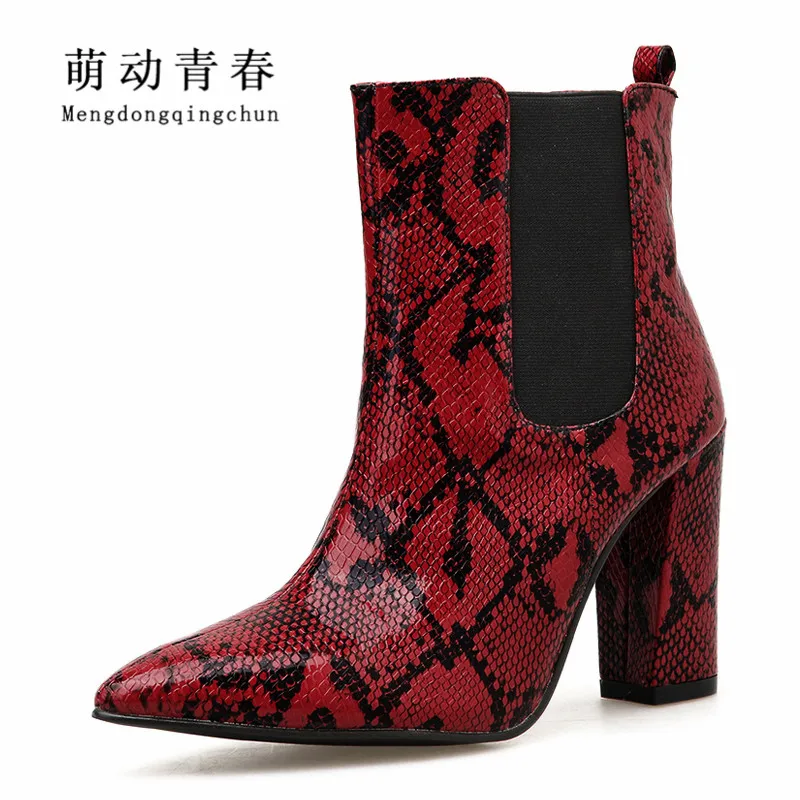 

2019 New Women Boots High Heeled Pointed Toe Women Ankle Boots Mujer Sexy Snake Print Elastic Band Chunky Heels Red Winter Boots
