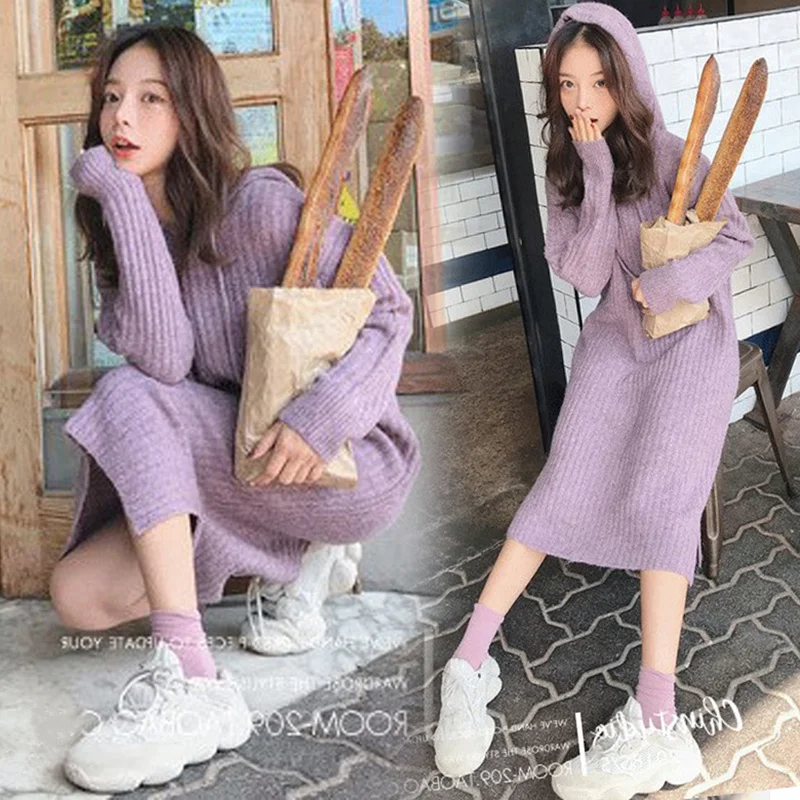 

Korean Fashion Autumn Winter Sweater Dress Women Casual Hoodie Dress Long Sleeve Side Slit Long Hooded Ribbed Knitted Dress