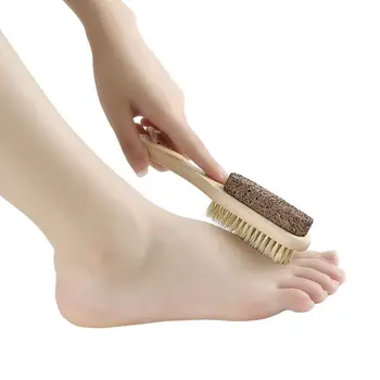 

2 In 1 Lava Stone Bristle Foot Brush Combo Wooden Handle Exfoliator Pedicure Calluses Remover Smooth Dry Skin Scrubber Massager