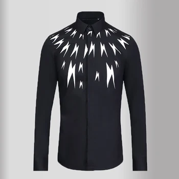 

New Black White Mens Shirts Luxury Long Sleeve Lightning Printed Casual Mens Dress Shirts Fashion Slim Fit Male Shirts 3xl