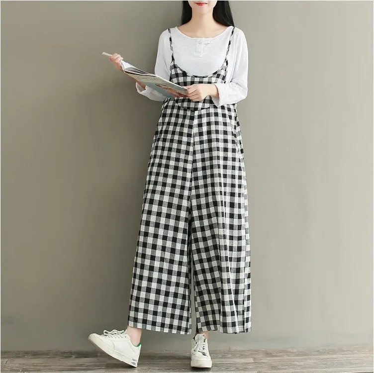

[EWQ] 2019 spring autumn new pattern black white plaid patchwork pockets ankle length pants casual overalls women AE04001