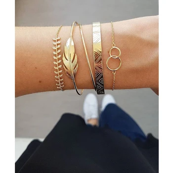 

5pcs / set Bohemian Bracelets Golden Moon Crystal Leaf Opal Bracelet Women popular Bracelets Female fashion Jewelry Bangles