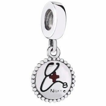 

New 925 Sterling Silver Bead Charm Black & Red Enamel Hospital Nurse Pendant Beads Fit Women Pandora Bracelet Bangle DIY Jewelry