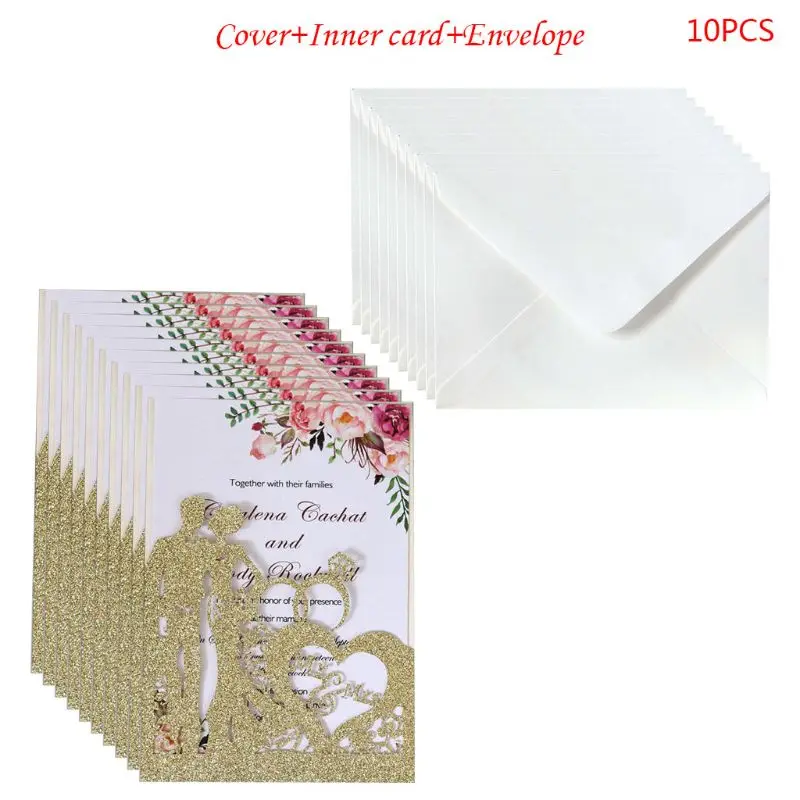 New 10pcs/set Glitter Laser Cut Ring Wedding Invitations Card Wedding Party Supplies - Color: Yellow