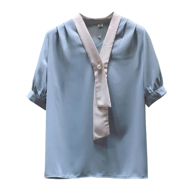 

Elegant Bow Tie Women Shirt Spring Summer Ladies Solid Short Sleeve Chiffon Shirts Casual Blouses Vintage Tops Blusas