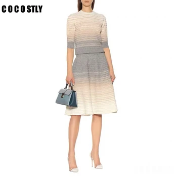 

High Quality Wool Sweater Suits 2 piece set Women Gradient Color Knitted Pullovers+ Knit Skirt Set Female Wool matching sets