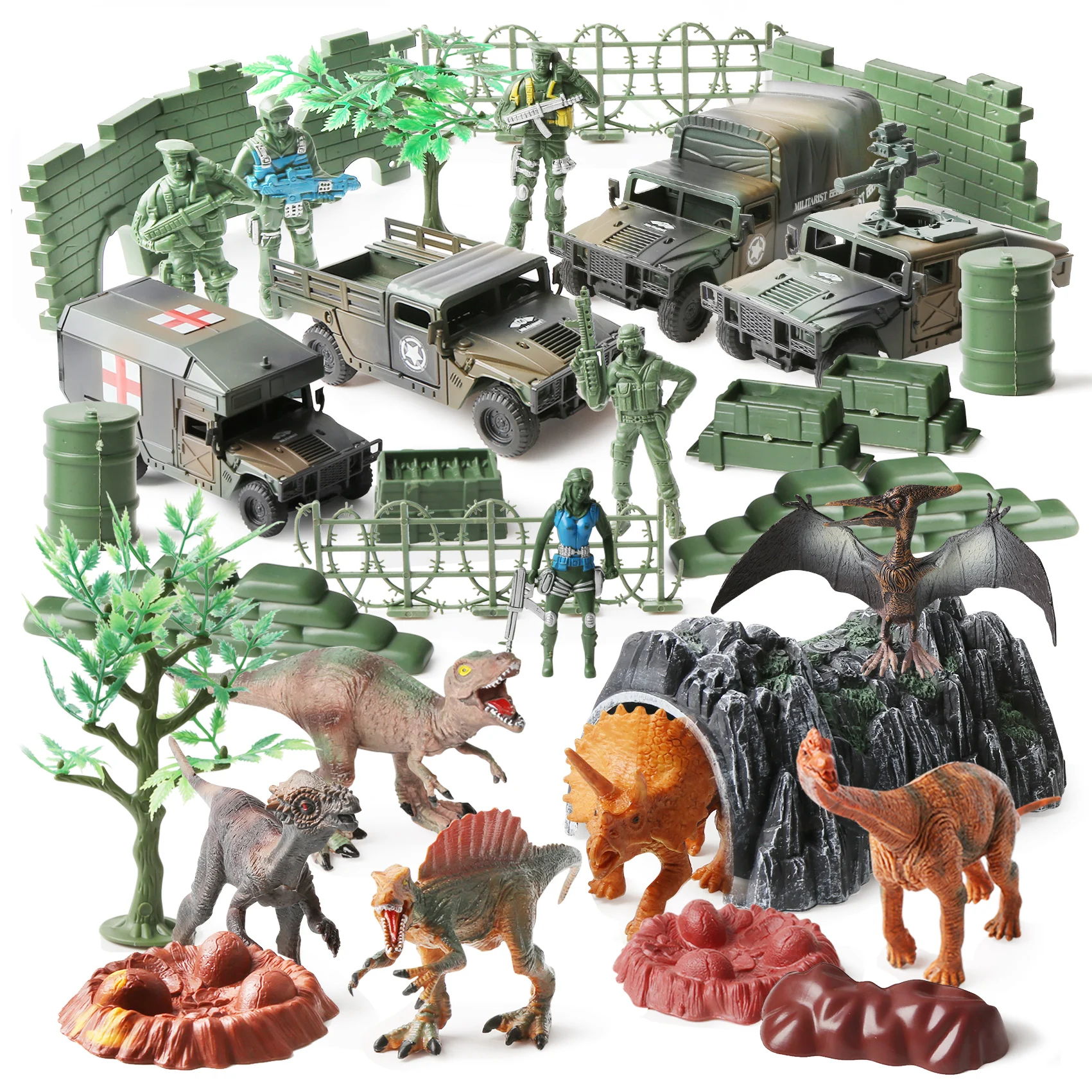

40pcs Military Base Set Dinosaur Car Model Battle Squadron Soldiers Army Action Figures Push and Pull Back Toy Cars With Storage