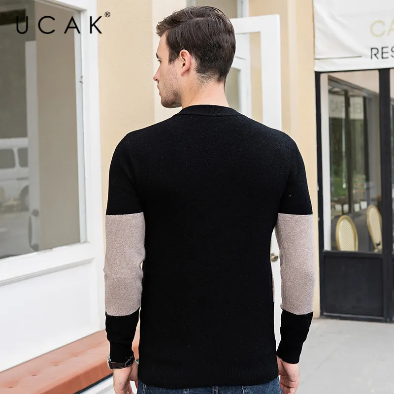 Popular UCAK Brand Sweaters Men 2019 Autumn Winter Thick Warm Pull Homme Pure Merino Wool Cashmere Contrast Color Pullover Male U3092