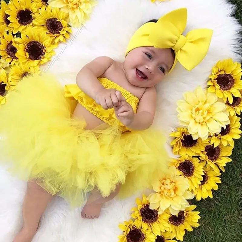 3 Pieces Enfant En Bas Age Enfants Bebe Fille Tenues Vetements Ensembles Jaune Sans Manches Gilet Hauts Tutu Jupe Bandeau Ensemble Aliexpress