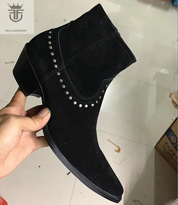 Shiny Rivets Black flock Top Quality Men Chelsea Boots Ankle Flats Side Zipper Euro size 45 46 shoes women Trainers | Обувь