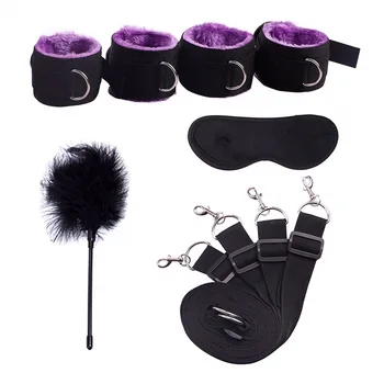 Sex Handcuffs With Blindfold and Flirting Feather Stick BDSM Bondage Set Under Bed Erotic Sex Toys for Women Couple Adult 4