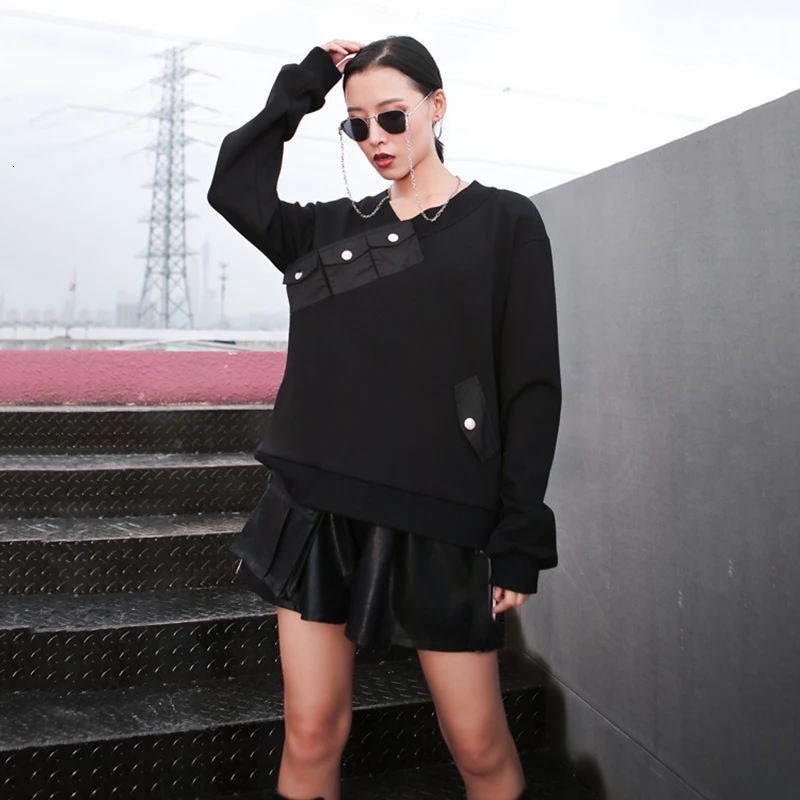 TVVOVVINLoose Fit Black split с флисовой толстовкой, новинка, v-образный вырез, длинный рукав, женская мода, большой размер, Осень-зима 1663