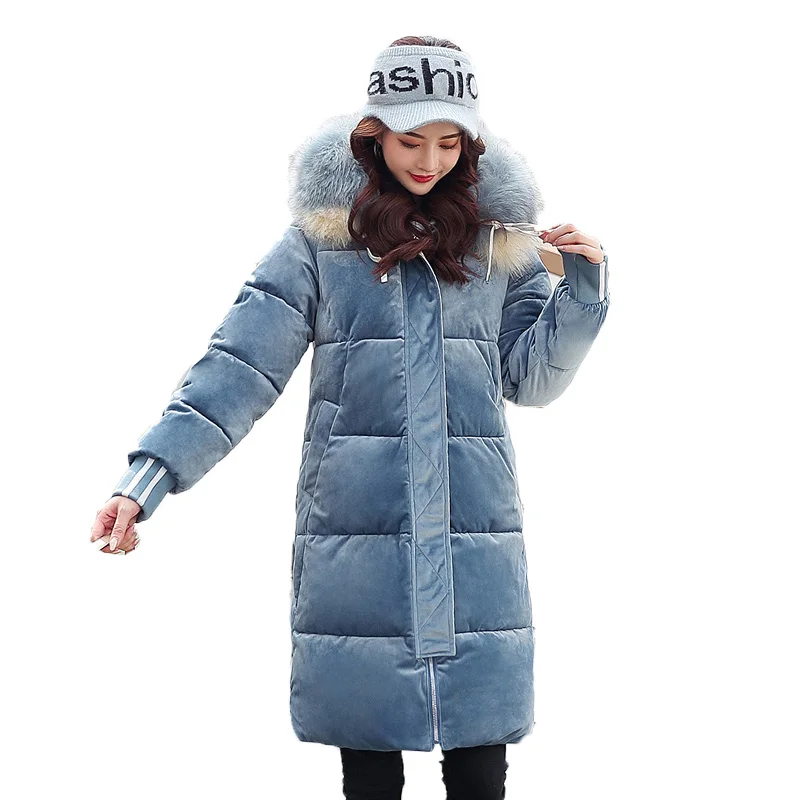 Бархат Новое поступление зимняя куртка женская теплая Утепленная зимняя одежда Женская парка с капюшоном с мехом высокое качество женское длинное пальто - Цвет: Синий