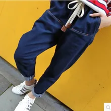 Весенние женские штаны-шаровары, джинсовые штаны синего цвета, эластичные свободные джинсовые брюки с высокой талией, повседневные женские длинные шаровары