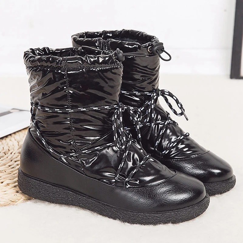 

Snow boots women Bling Down waterproof boots woman Fashion lace up Warm Plush ankle boots Rubber Black boots